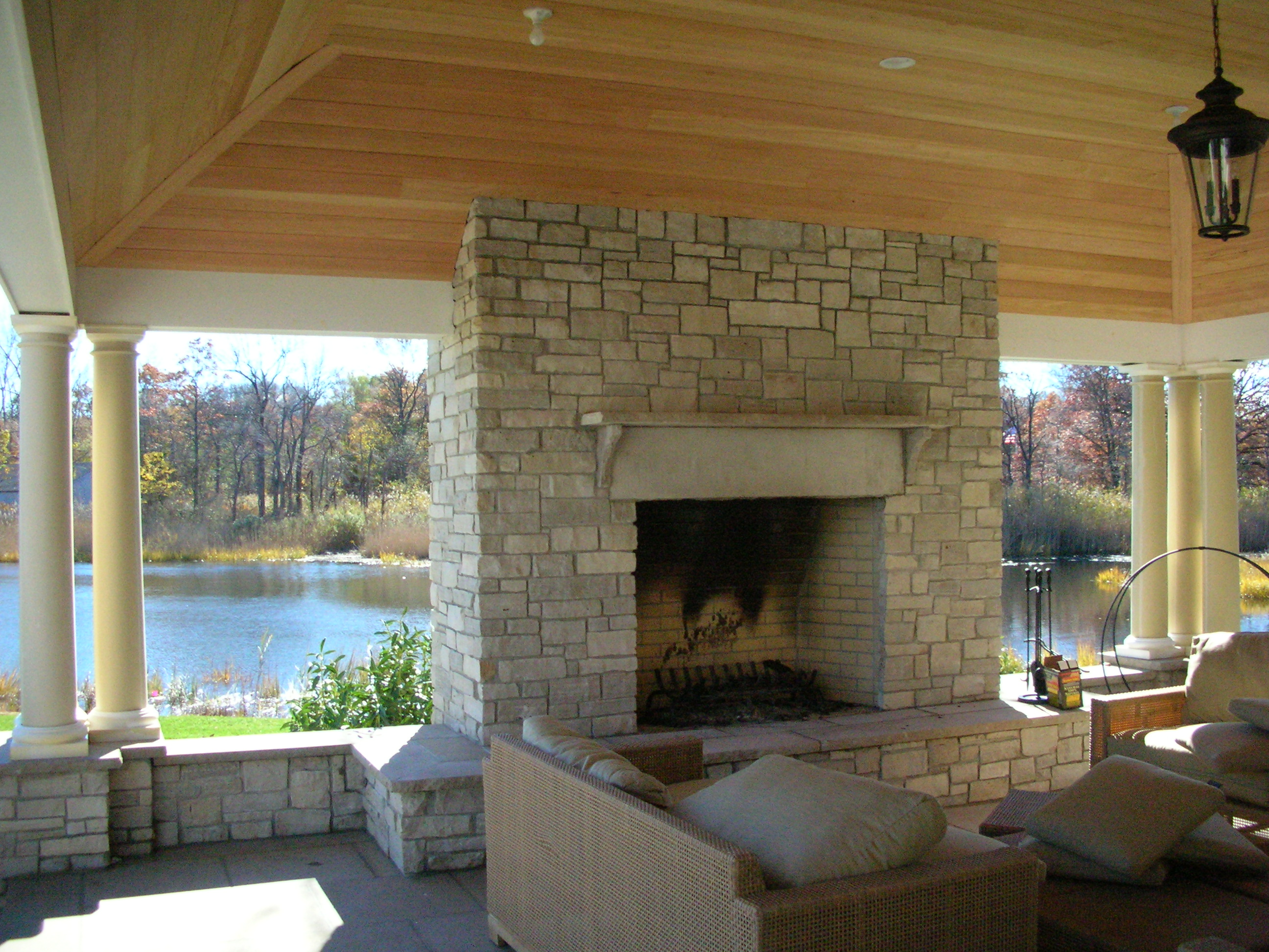 Hand-crafted stone fireplace in a modern luxury home